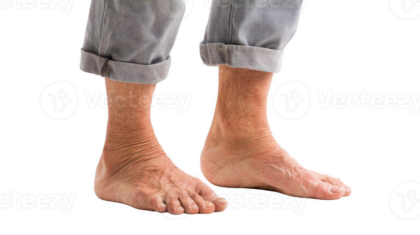 Elderly man shuffling bare feet on transparent background png