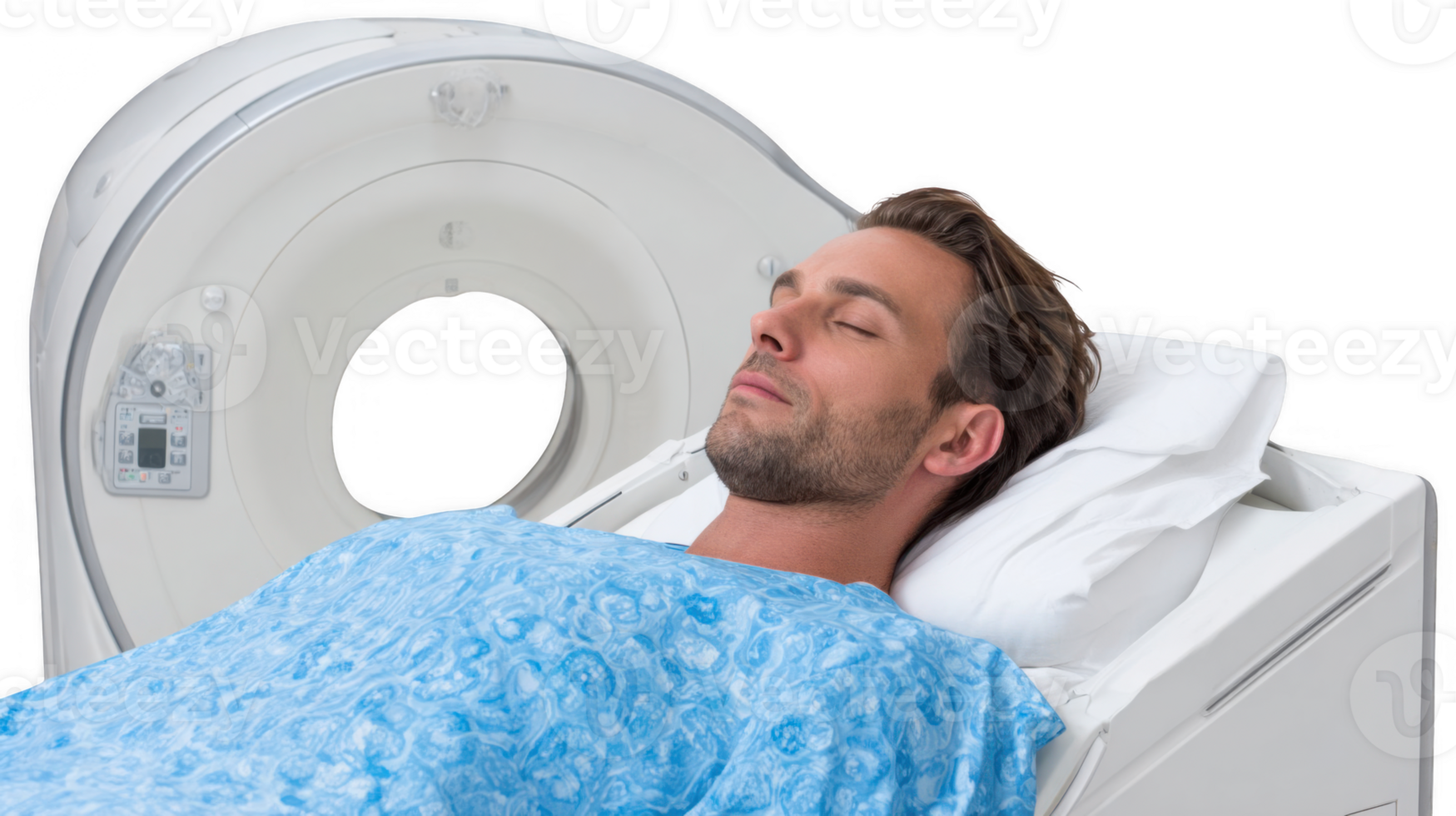 Patient undergoing cat scan with closed eyes and transparent background png