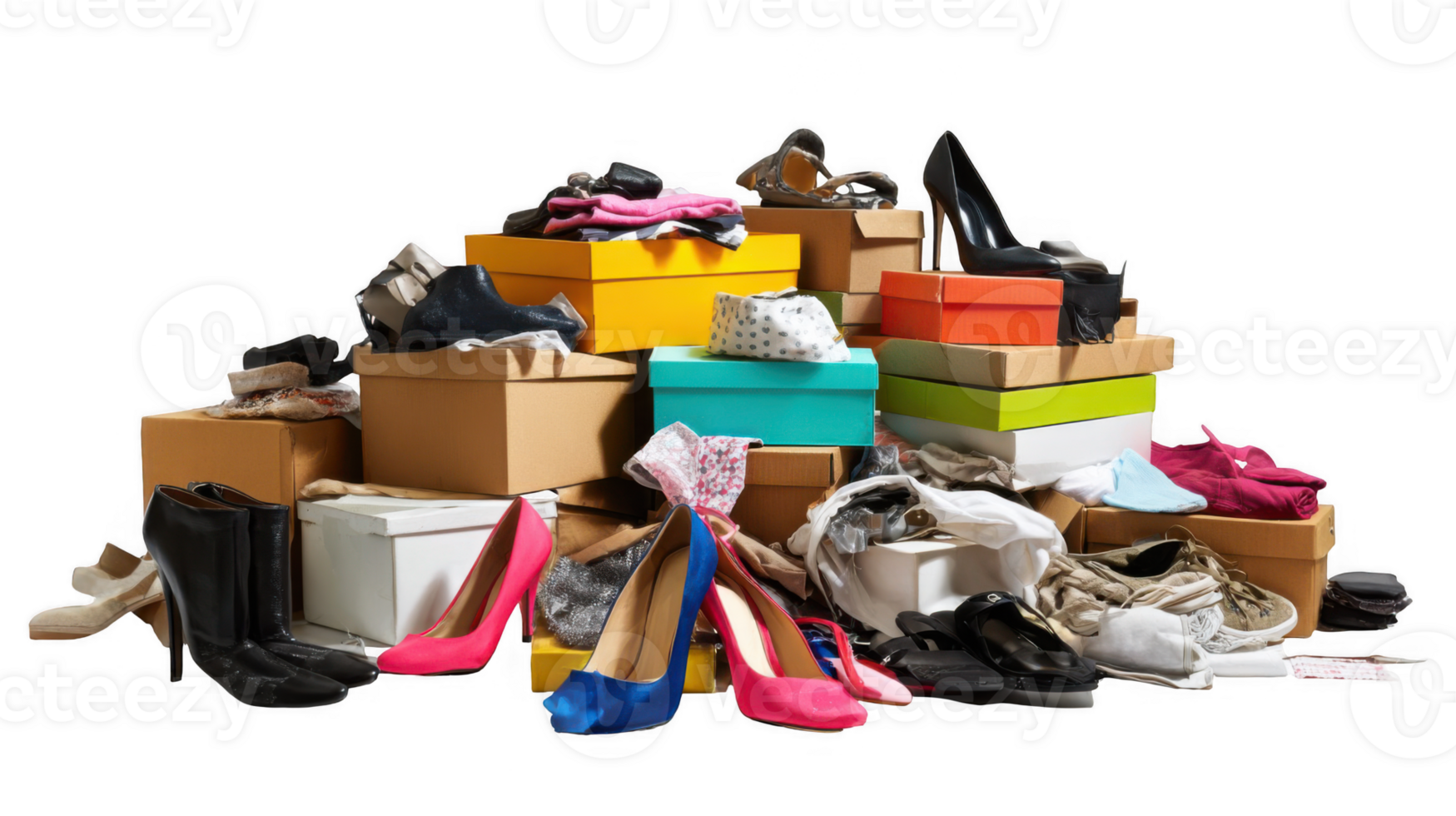 Pile of clothes and shoes overflowing from cardboard boxes on transparent background png