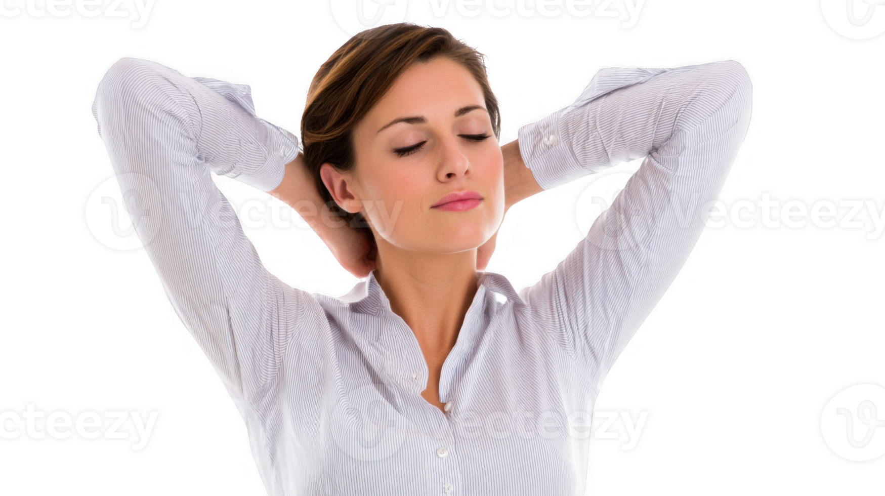 Businesswoman relaxing with hands behind head on transparent background png