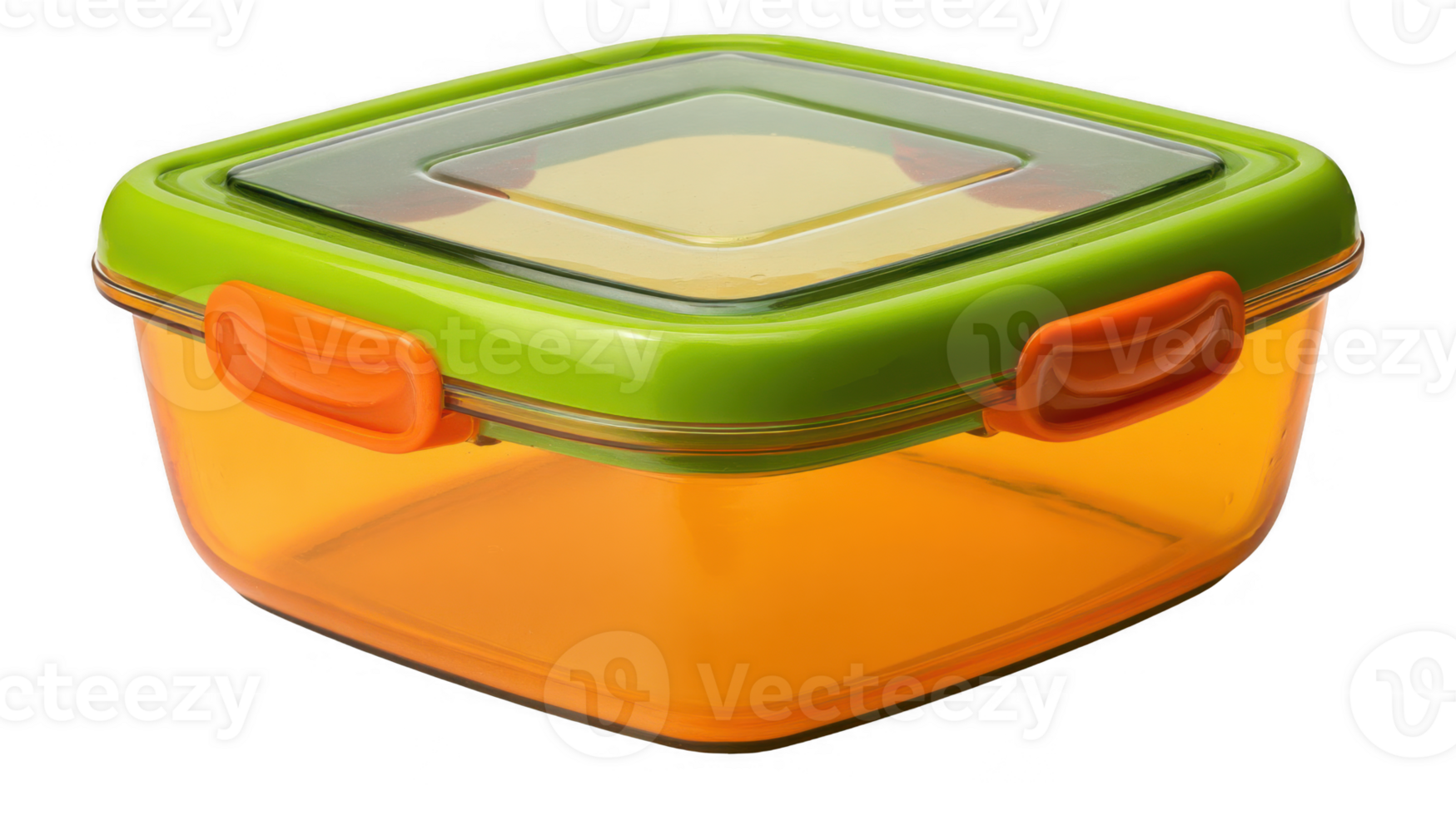 Empty orange and green plastic food container with transparent lid on a transparent background png