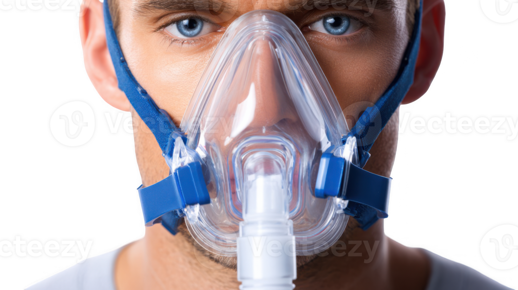 Patient wearing an oxygen mask breathing and looking at camera on transparent background png