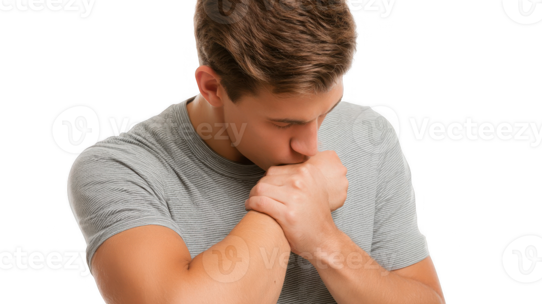 Young man coughing into elbow on transparent background png