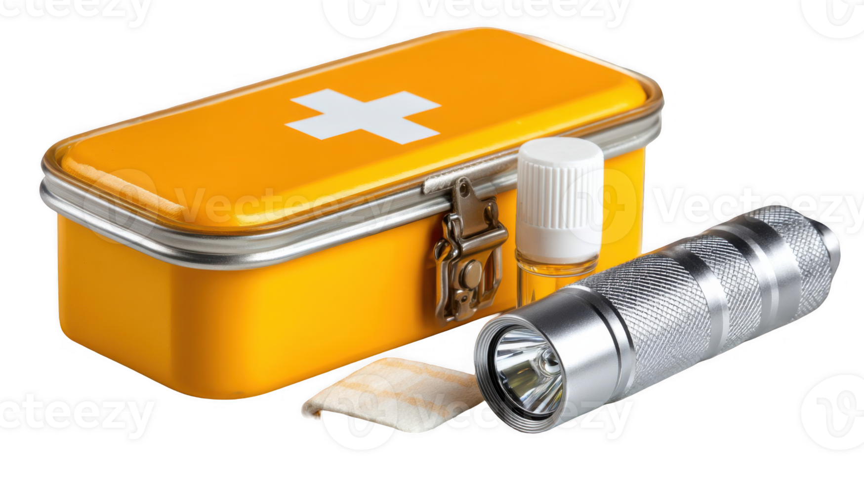 Emergency kit with flashlight, bandage, and antiseptic on transparent background png