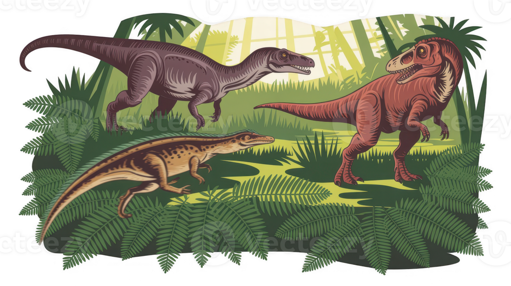 Dinosaurs walking in lush prehistoric jungle habitat with transparent background png