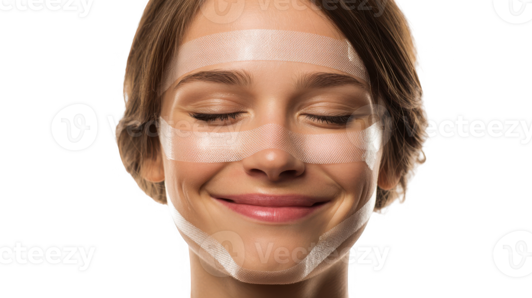 Woman relaxing with kinesiology tape on face and smiling with closed eyes png