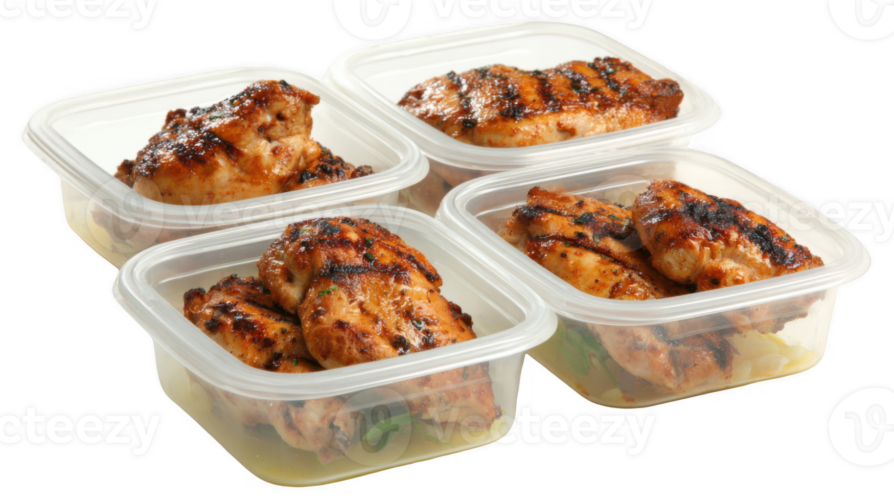 Grilled chicken pieces in separate meal containers on transparent background png