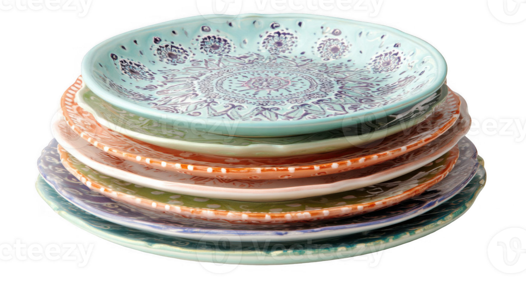 Stack of colorful ceramic plates with intricate designs on transparent background png