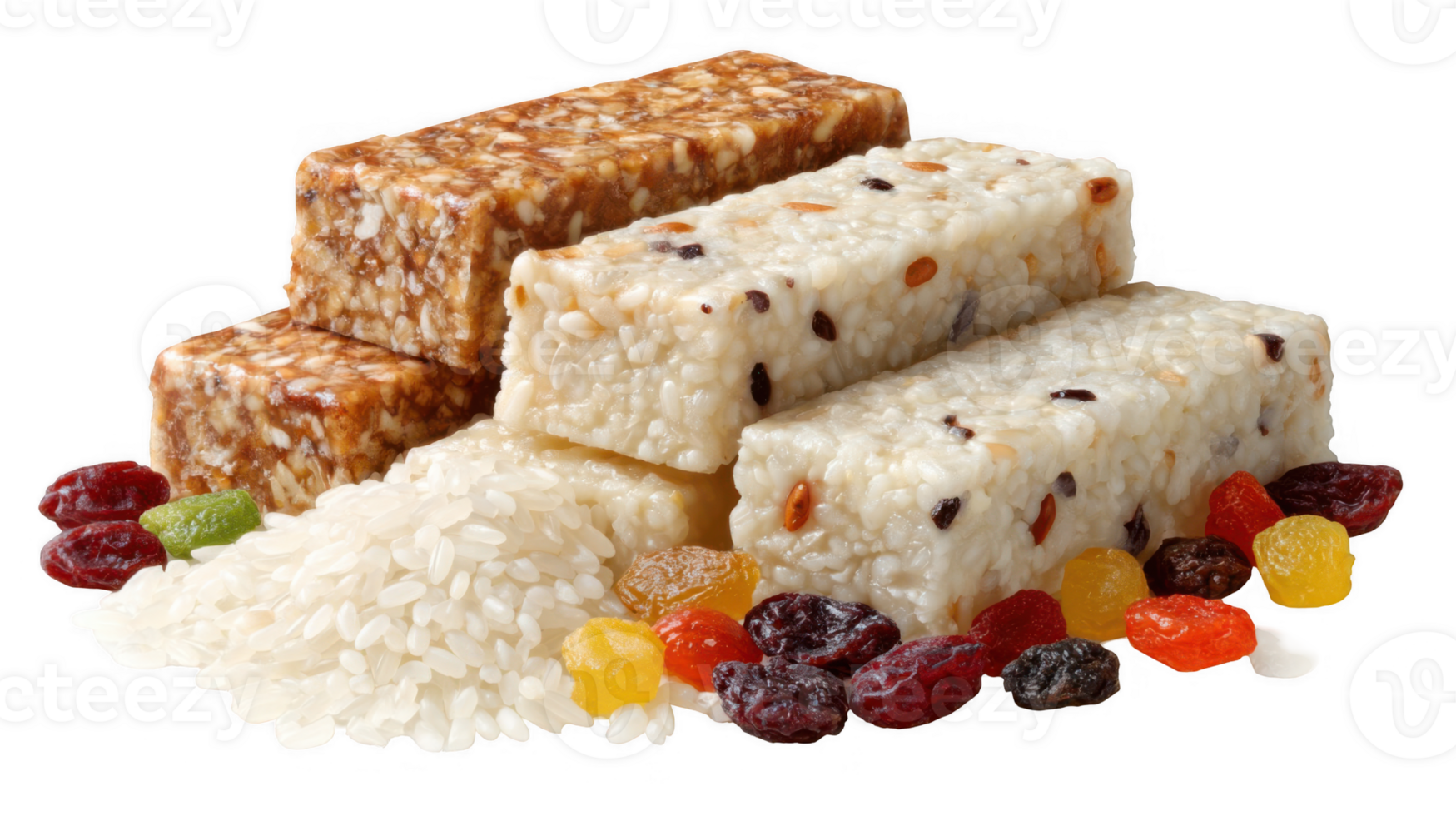 Puffed rice snack bars with dried fruit and rice grains on transparent background png
