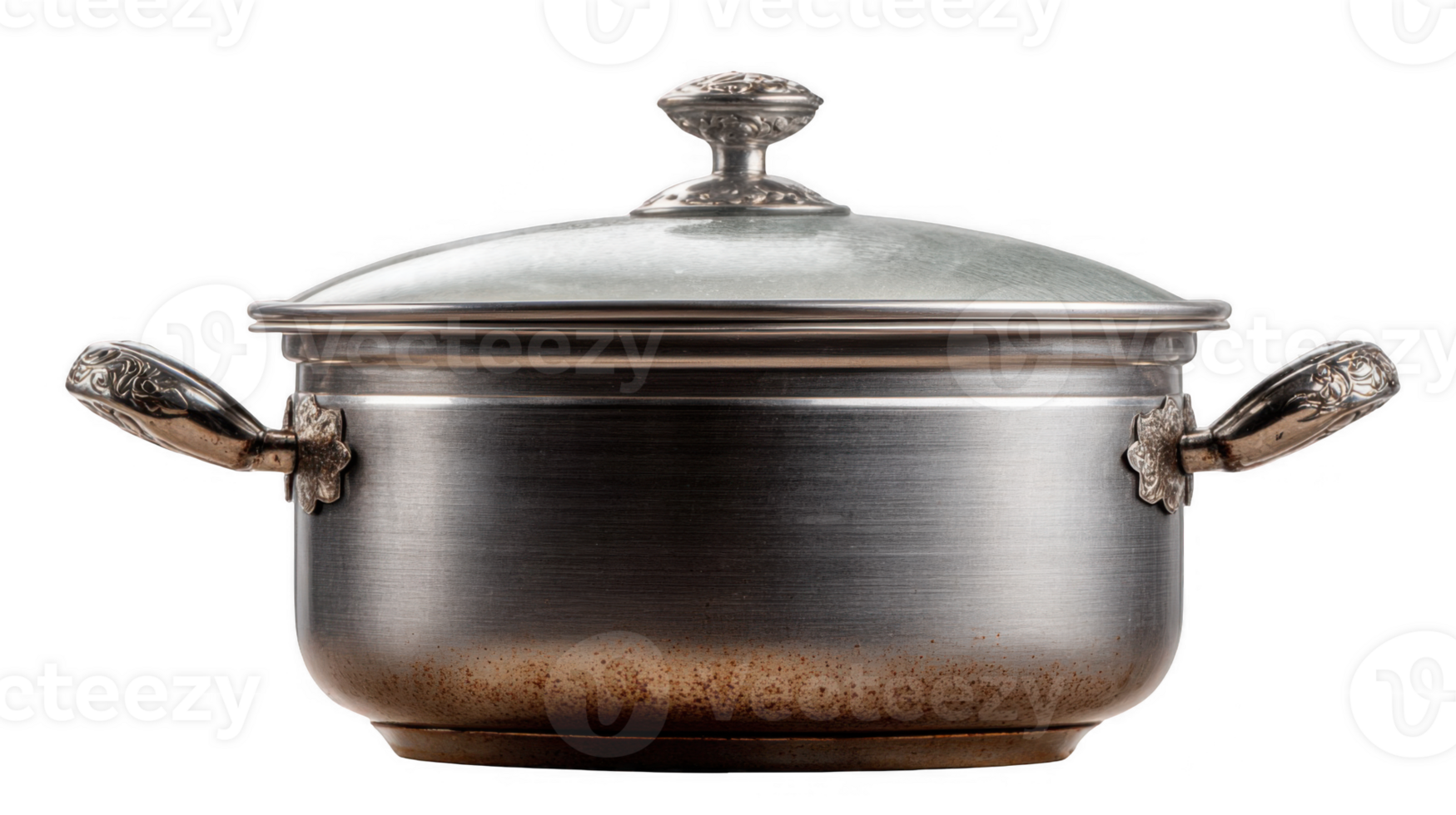 Old metal pot with glass lid and decorative handles on transparent background png