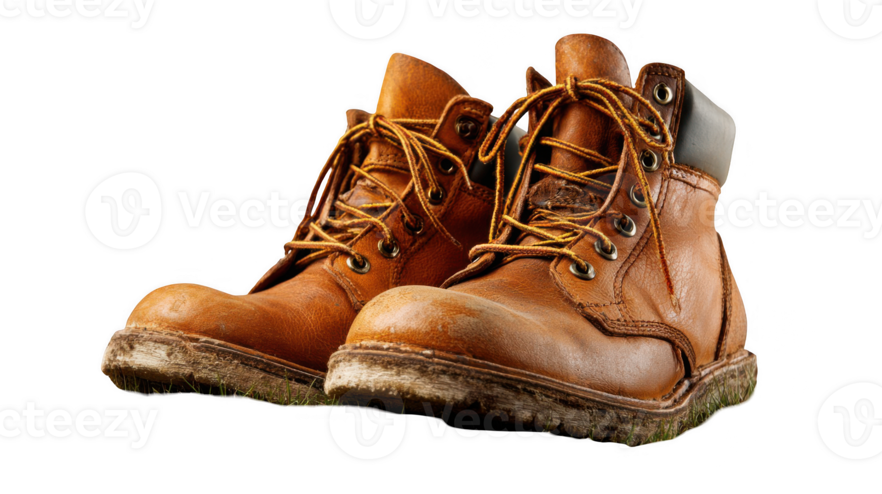 Old leather work boots crossed on transparent background png