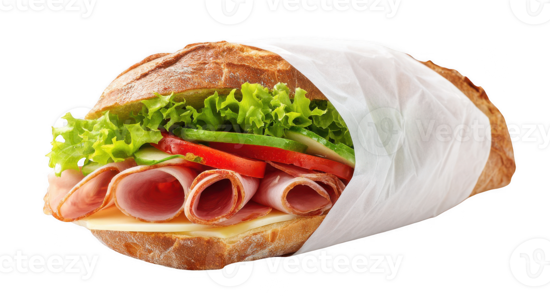 Sandwich wrapped in paper rests on transparent background png