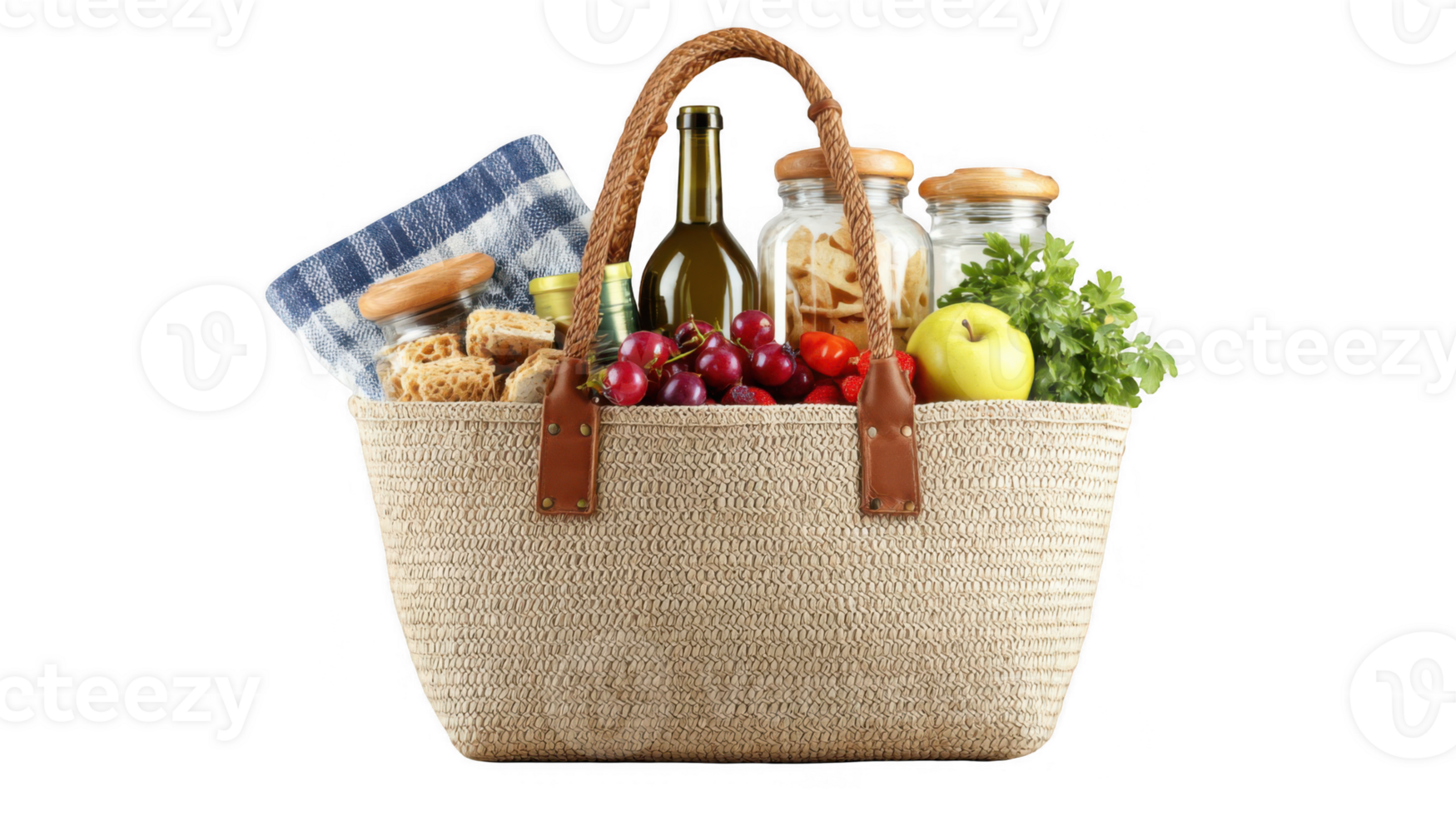 Woven tote bag overflowing with picnic supplies on transparent background png