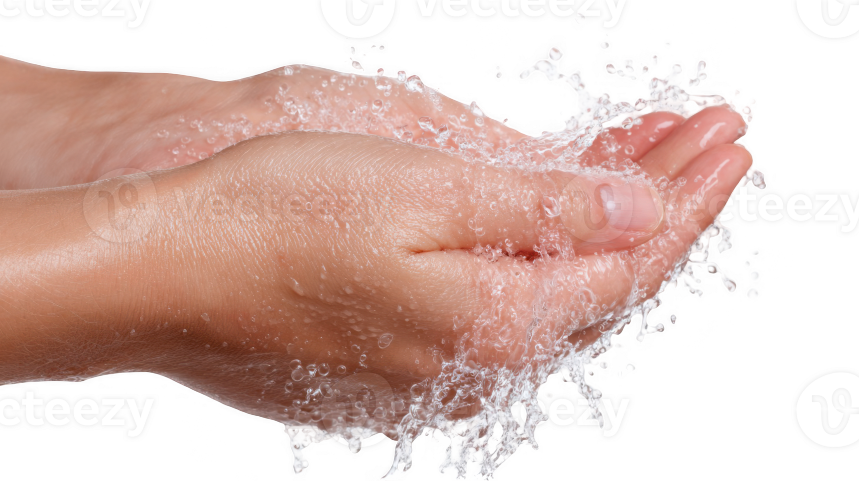 Woman washing hands with splashing water on transparent background png