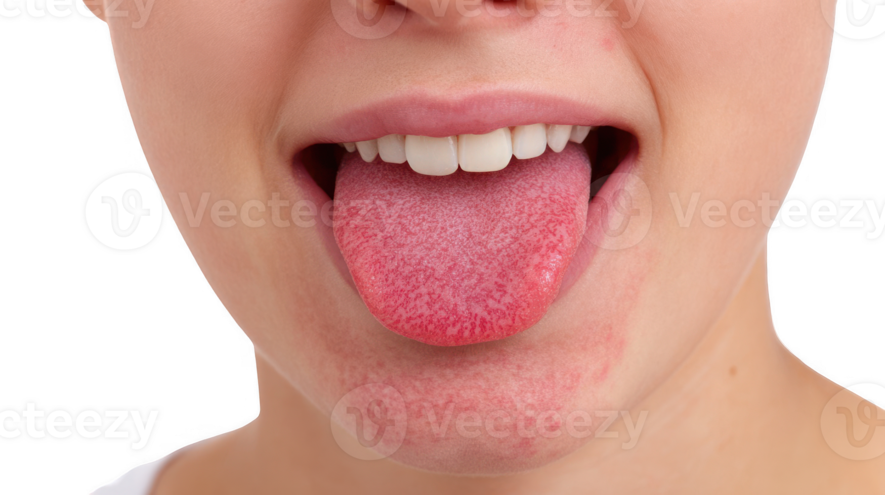 Woman showing her red bumpy tongue, symptom of scarlet fever, on transparent background png