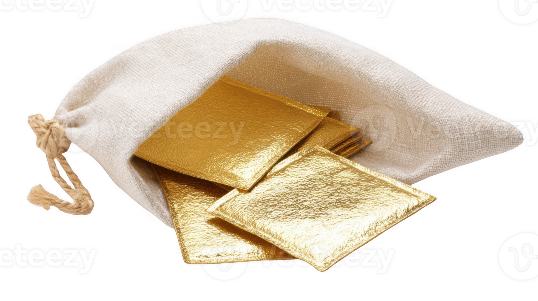 Golden lifting patches spilling from a small cloth bag on transparent background png