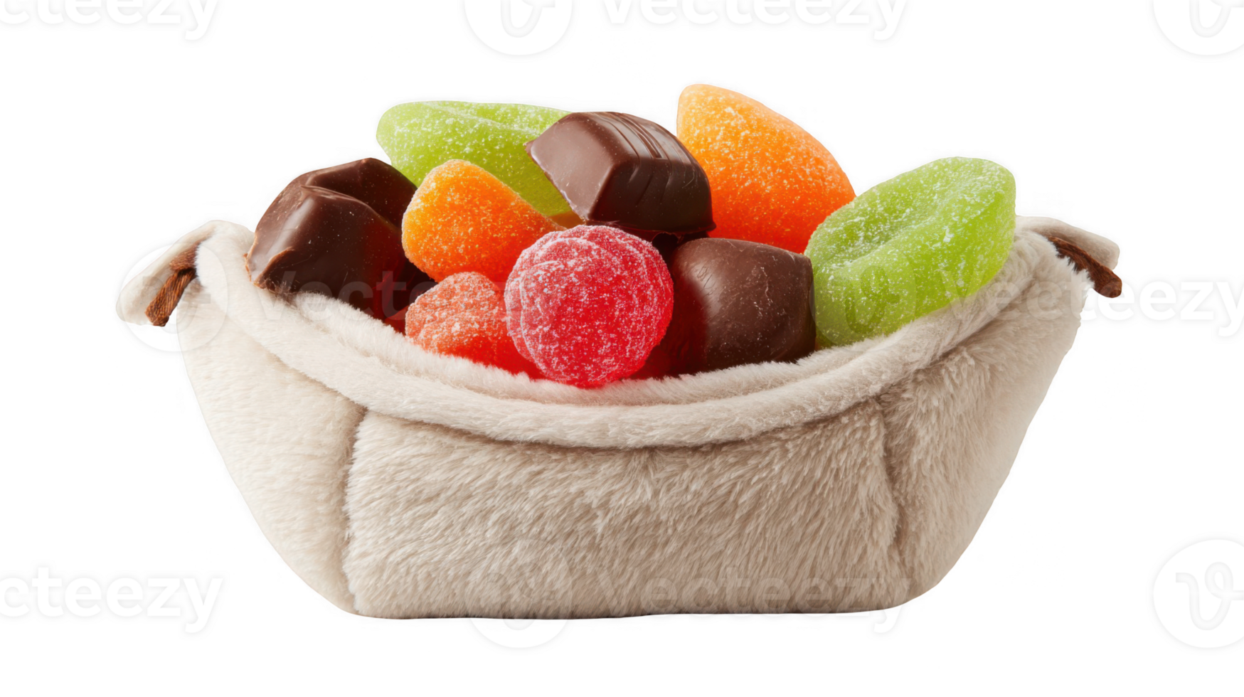 Plush saddlebag overflowing with chocolate and candies on transparent background png
