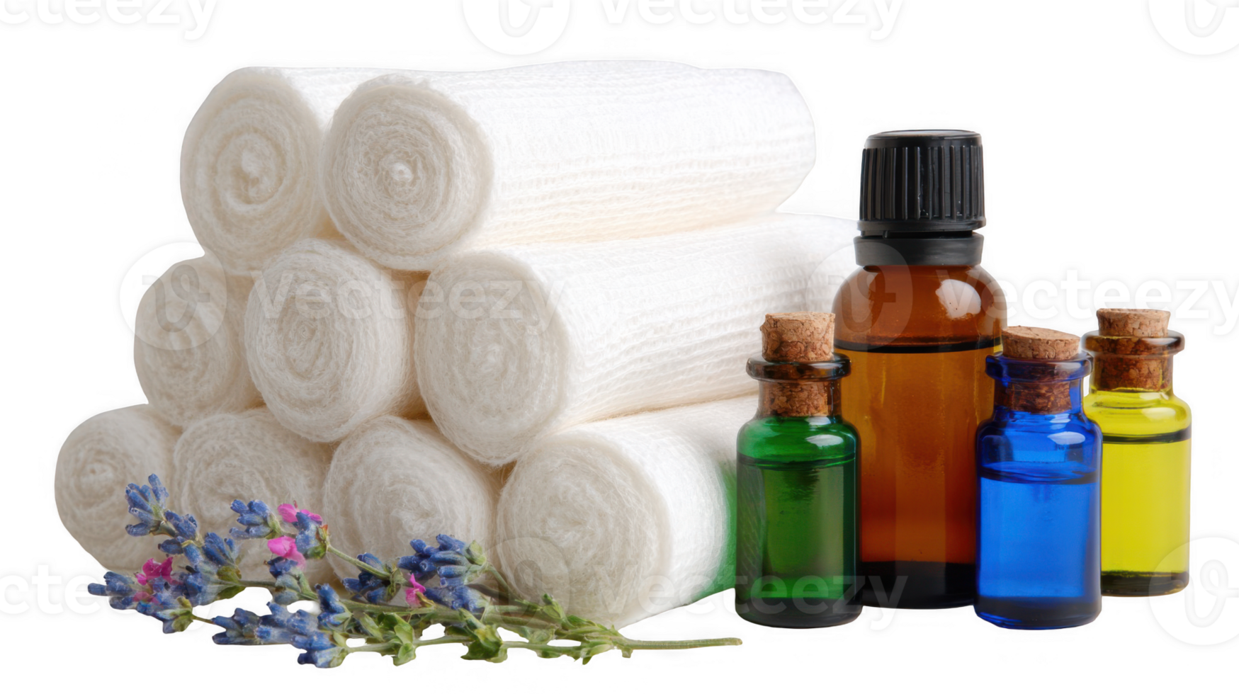 Rolled cotton pads and essential oil bottles with lavender on transparent background png