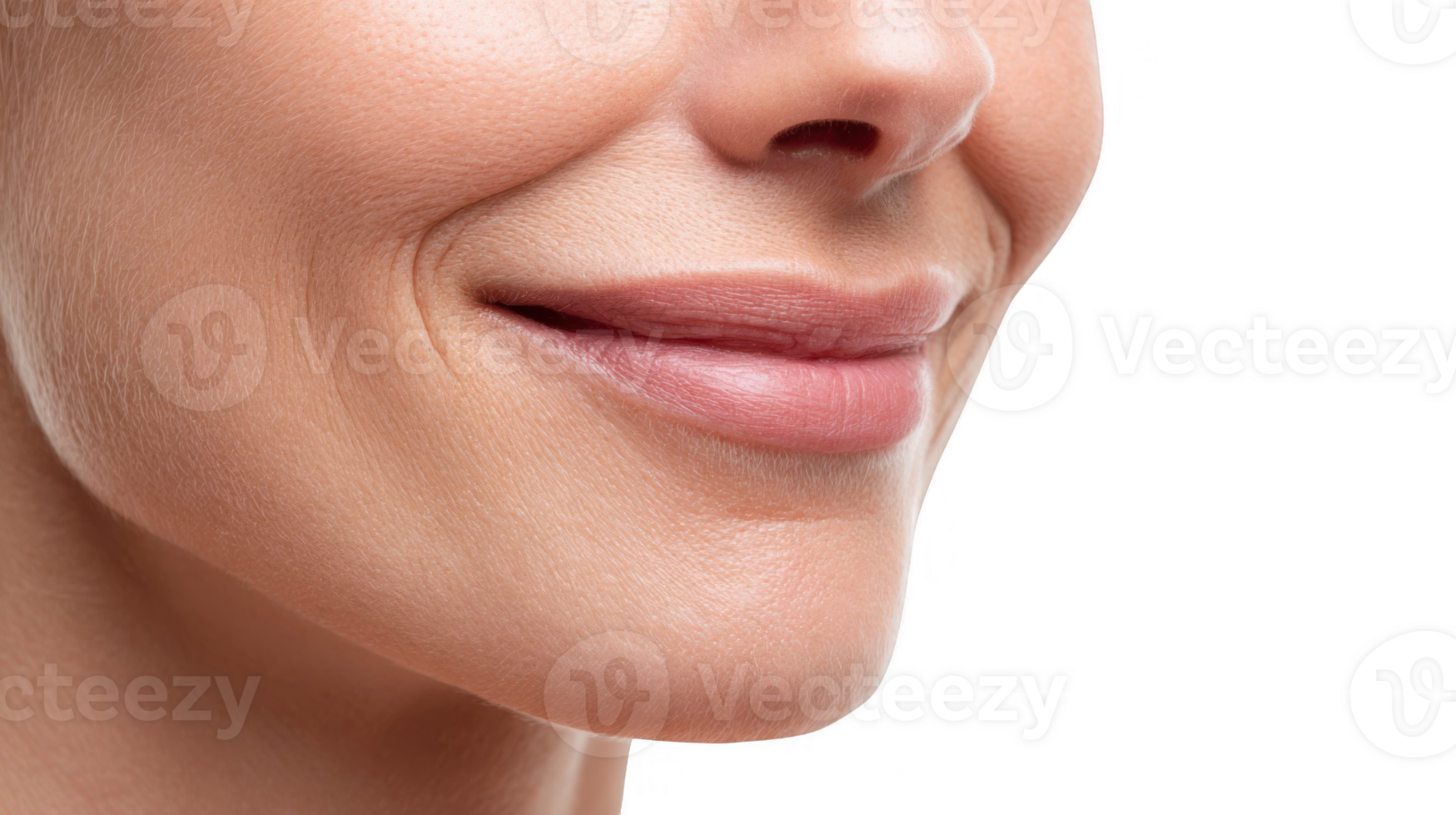 Close up of smiling woman's lips and chin showing perfect skin and gentle expression on transparent background png