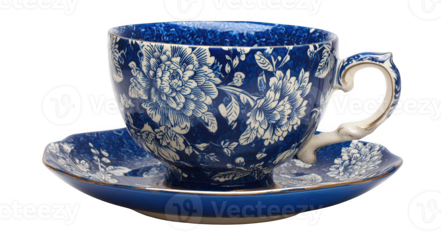 Blue floral porcelain teacup and saucer on transparent background png