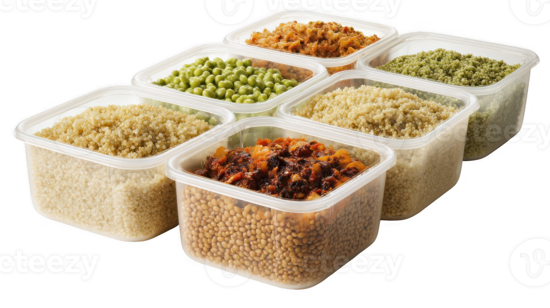 Plastic containers with prepared quinoa, lentils, peas, and tomato sauce on transparent background png