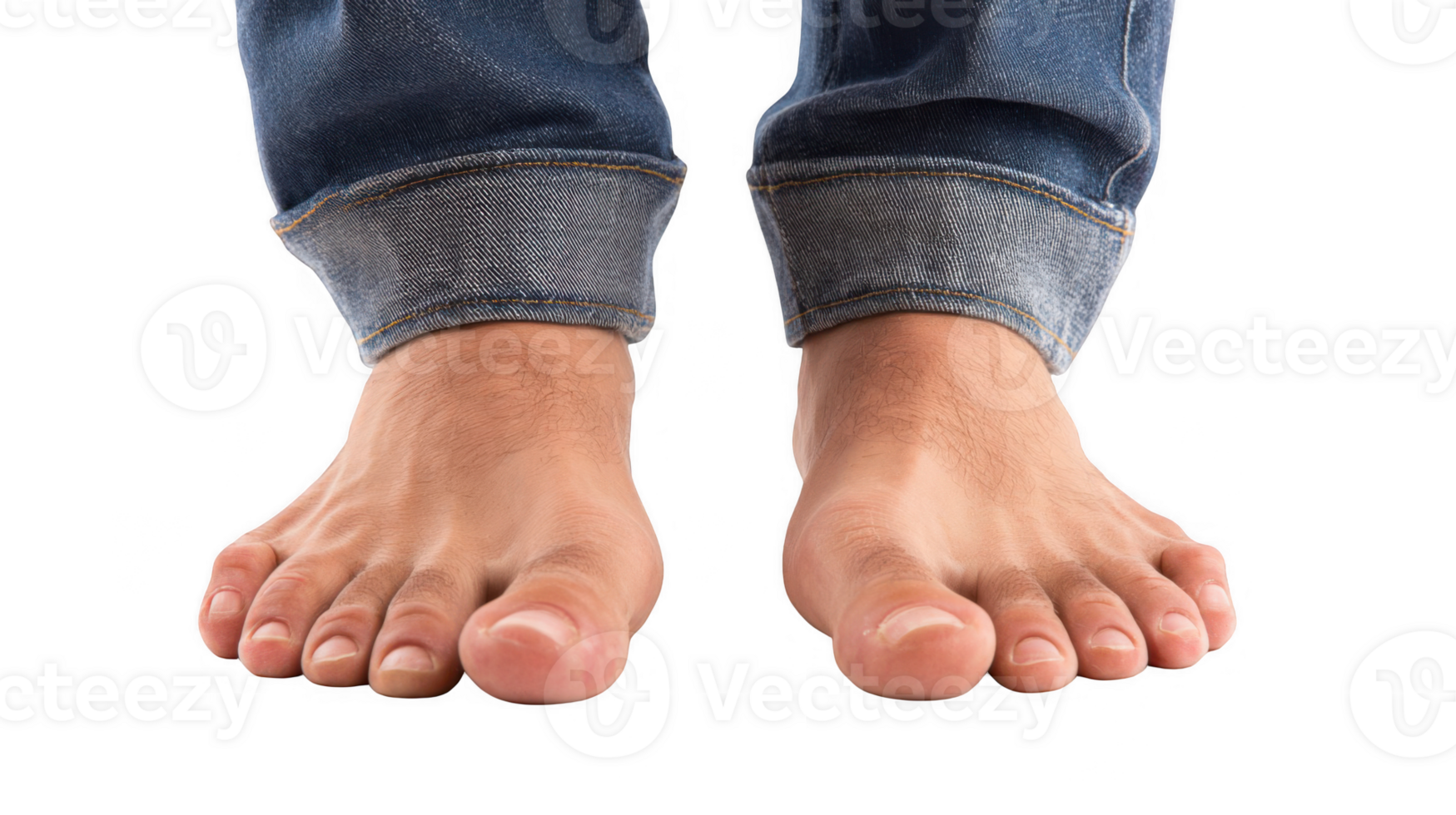 Man showing bare feet wearing jeans on transparent background png