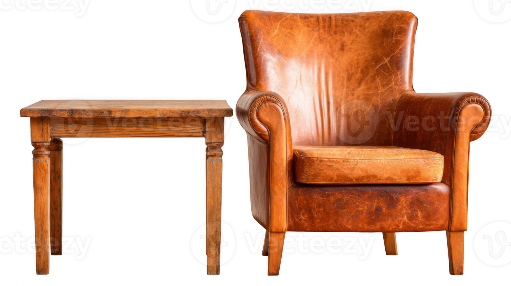 Worn leather armchair and wooden table on transparent background png