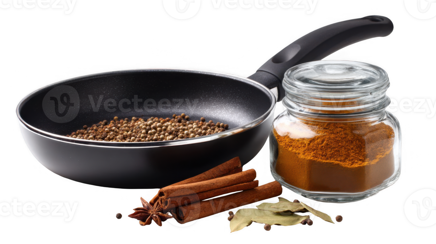 Frying pan with coriander seeds and jar of curry powder on transparent background png