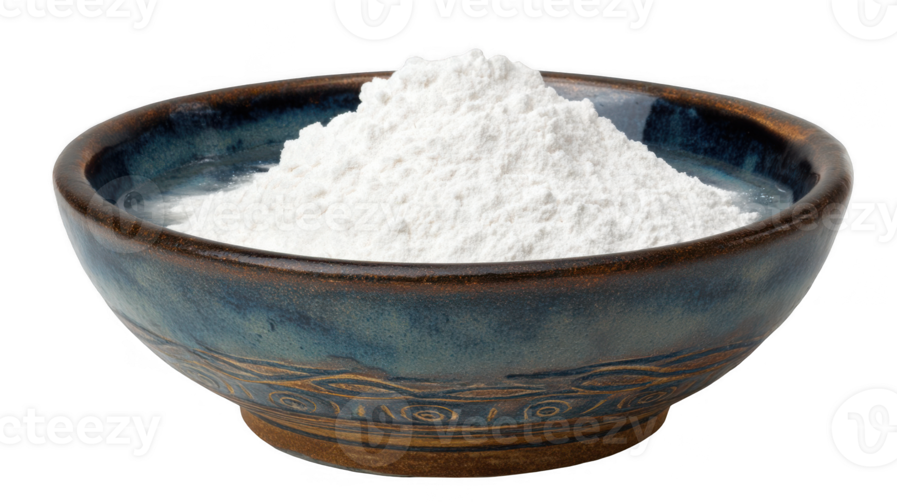 Bowl overflowing with flour on transparent background png