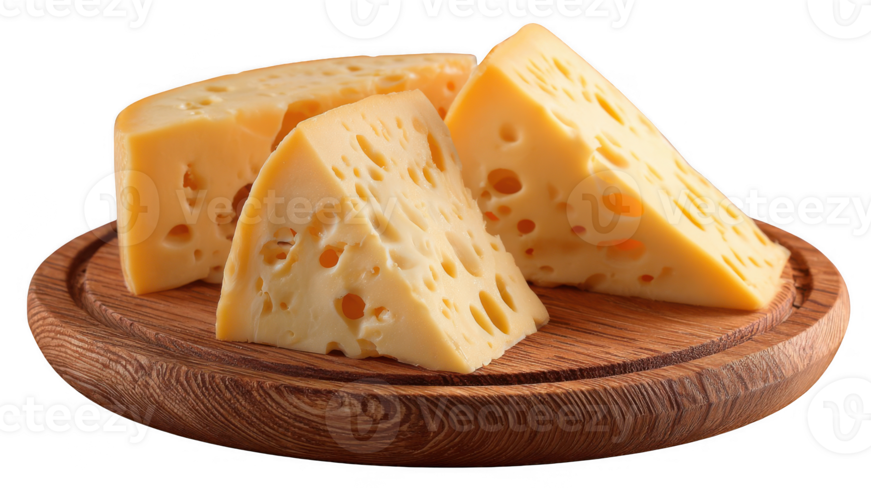Maasdam cheese slices arranged on wooden platter with transparent background png