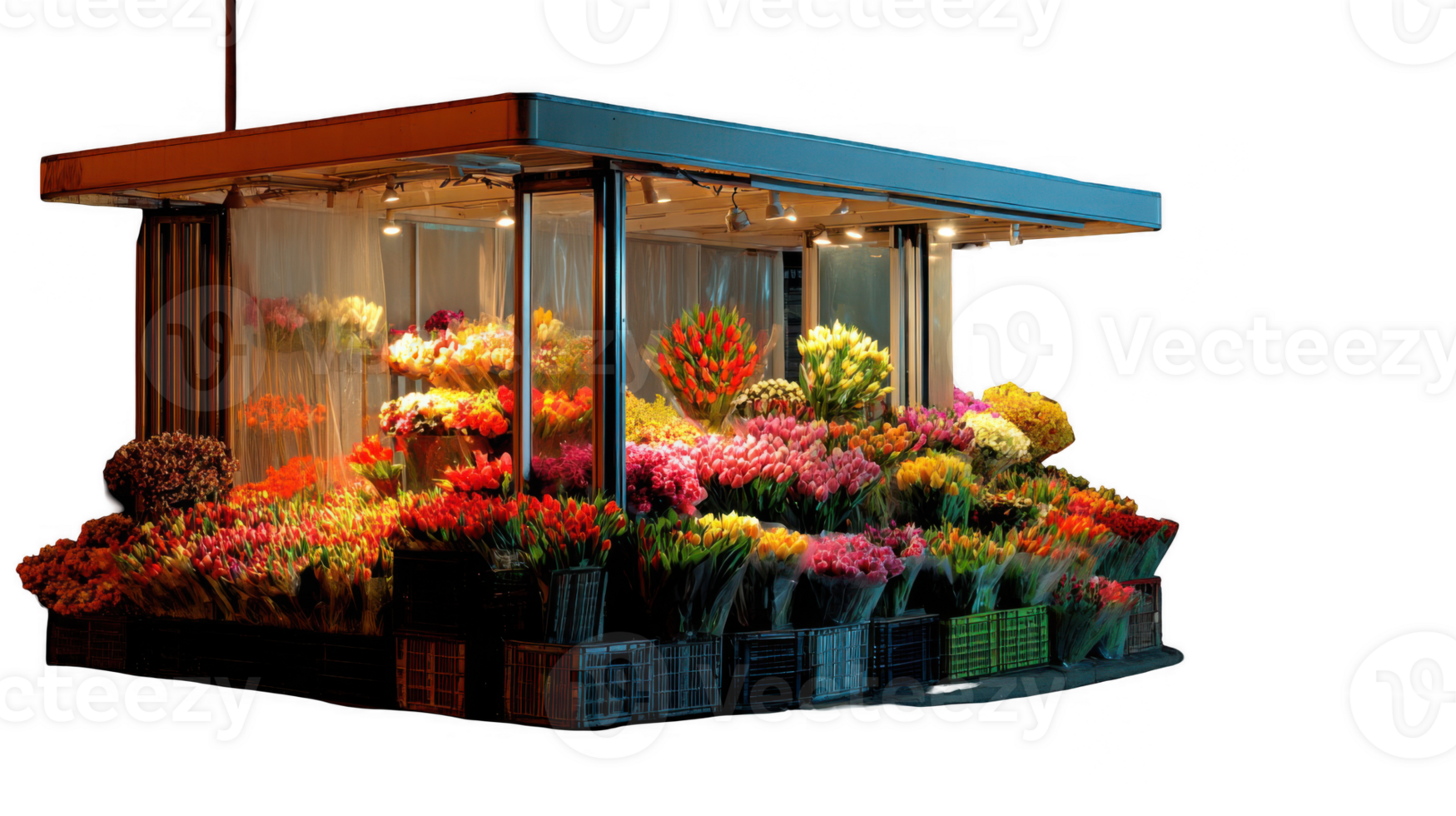 Torchlight brightening a flower stall at night with transparent background png