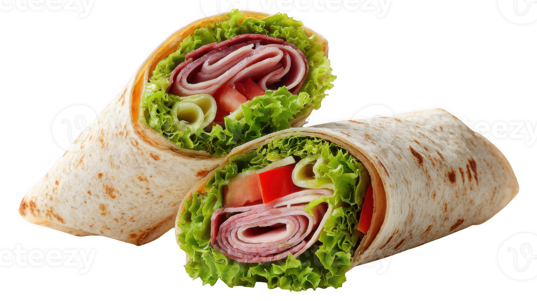 Two delicious wraps showing filling ingredients on transparent background png