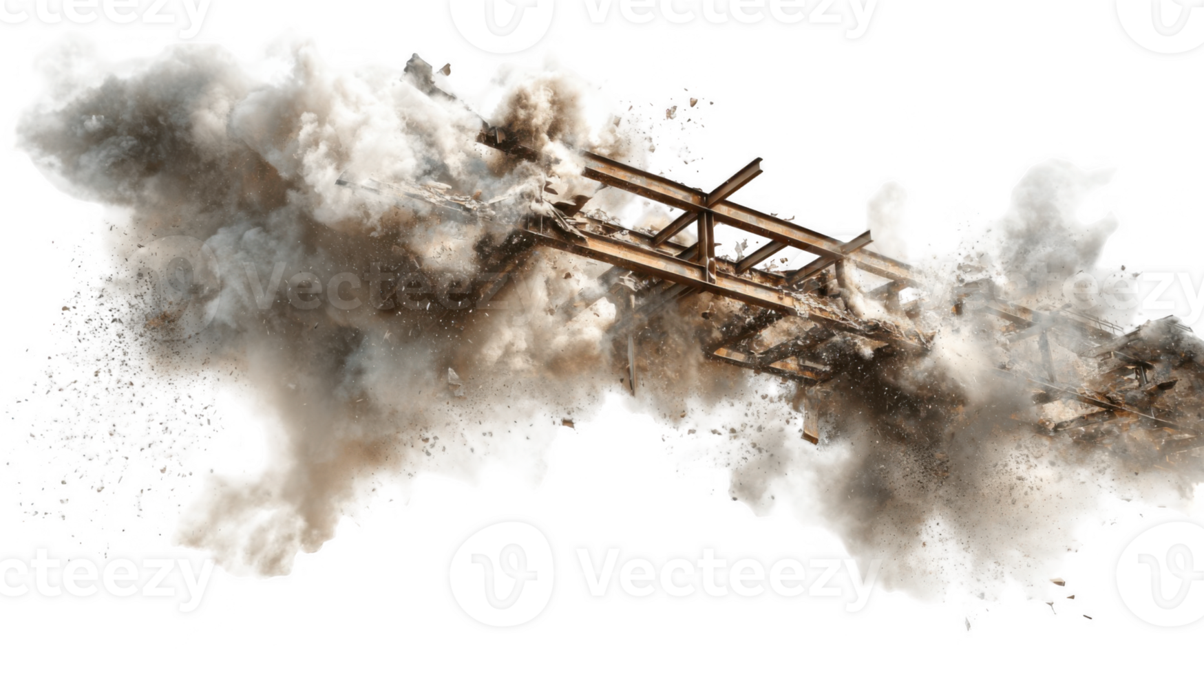 Steel beams collapsing amidst swirling dust cloud with transparent background png