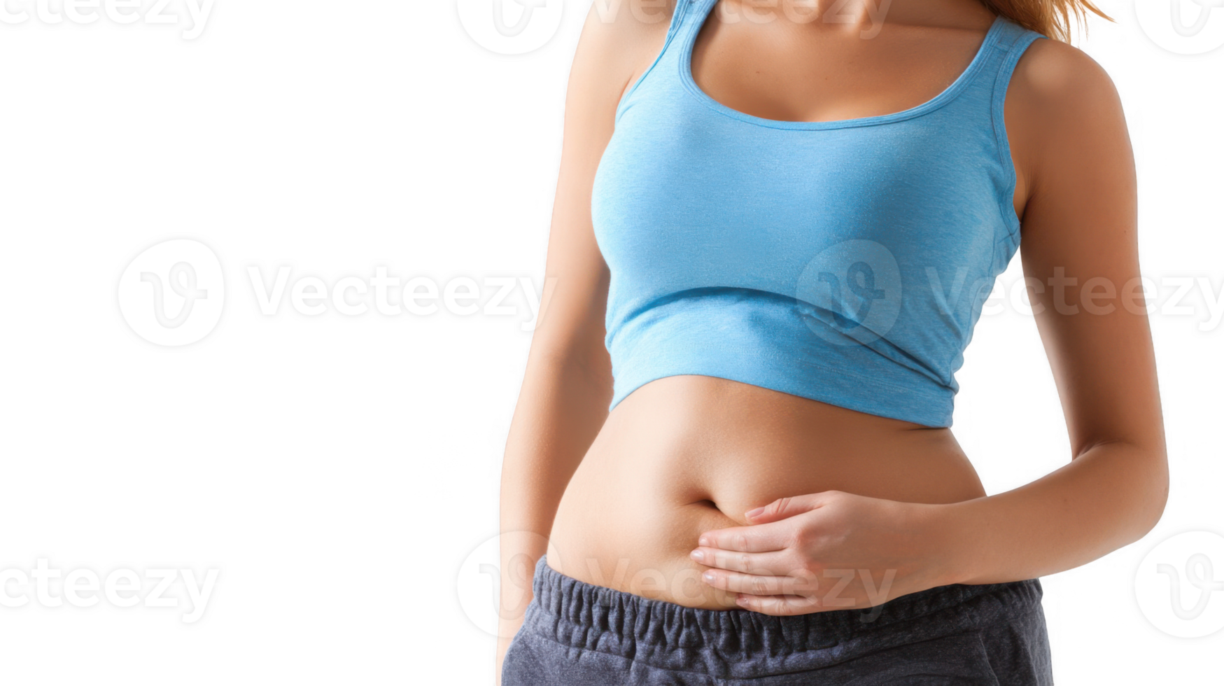 Woman touching belly suffering from pcos bloating on transparent background png