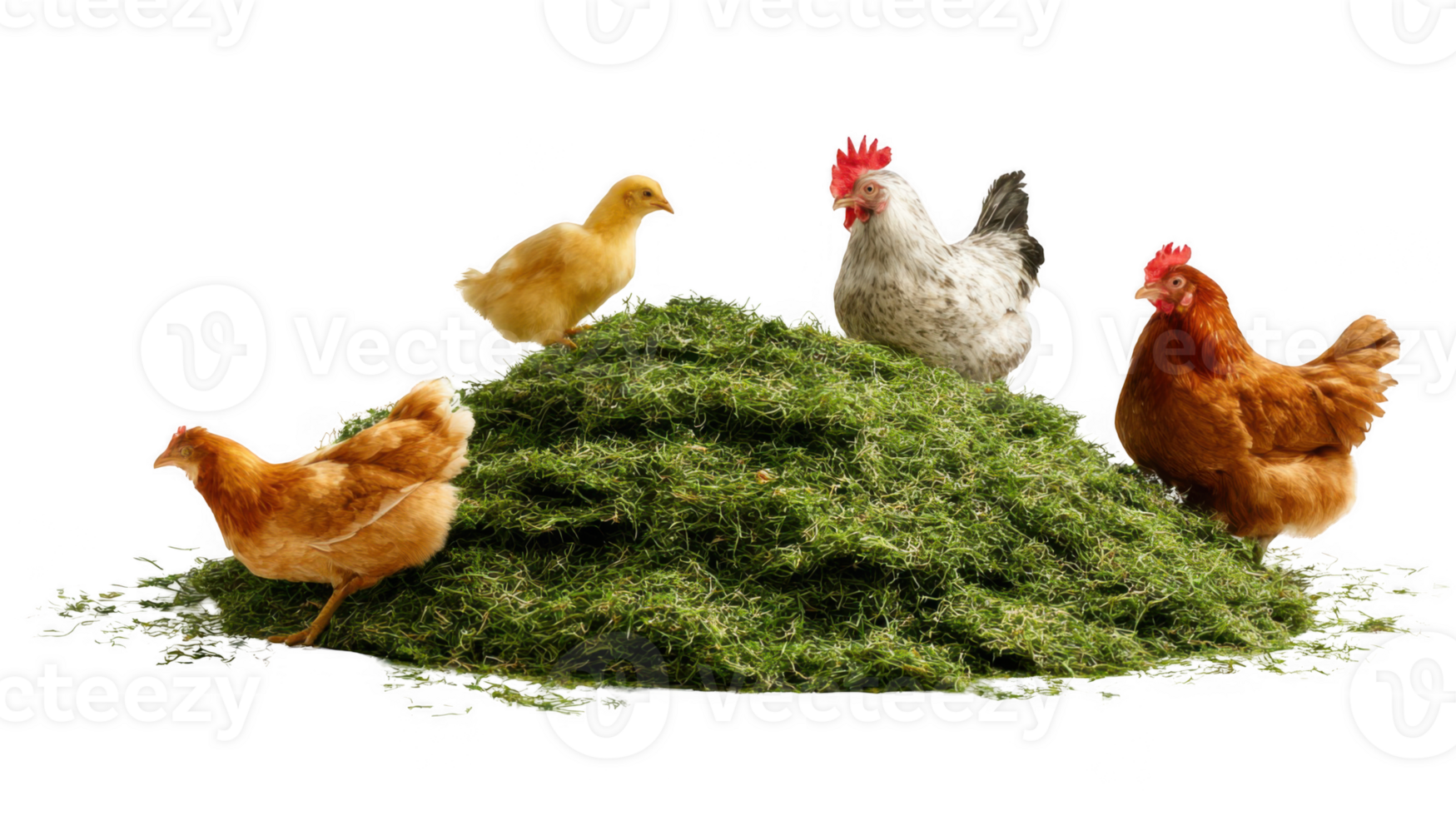 Chickens and chick standing on pile of grass clippings with transparent background png