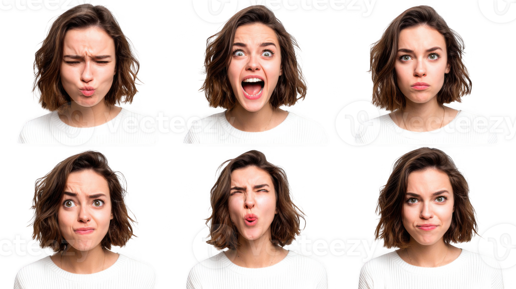Young woman showing different facial expressions on transparent background png