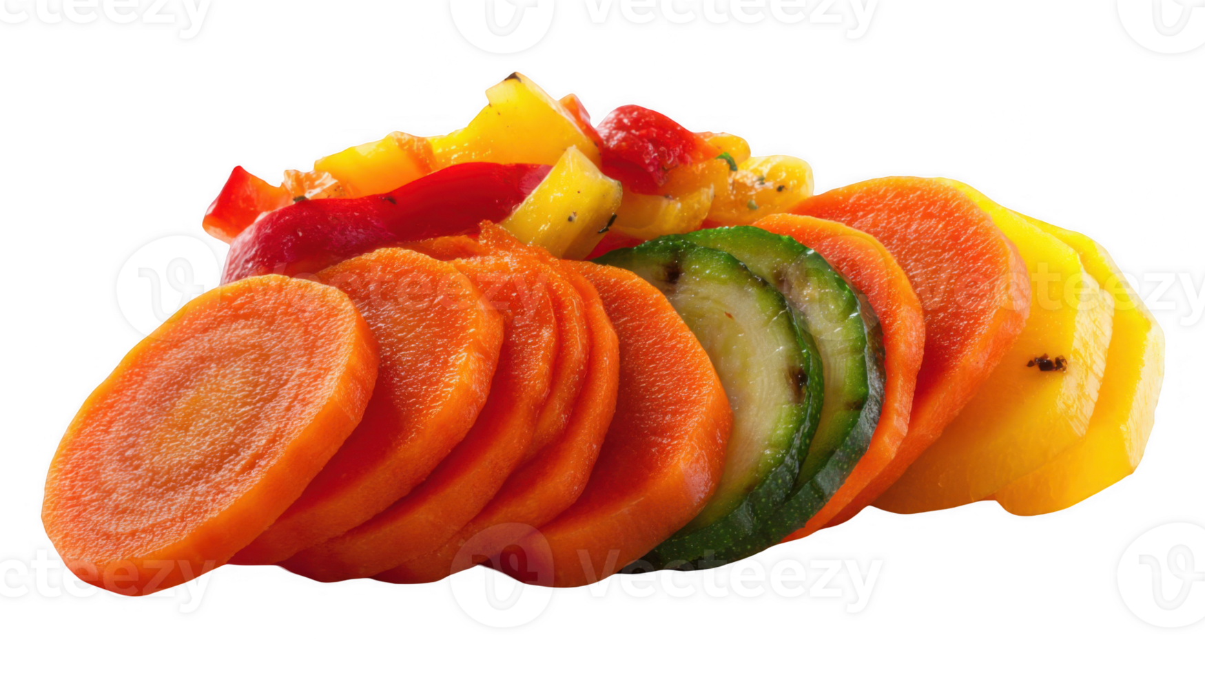 Sliced carrots, zucchini, potatoes and bell peppers forming a colorful vegetable medley on transparent background png