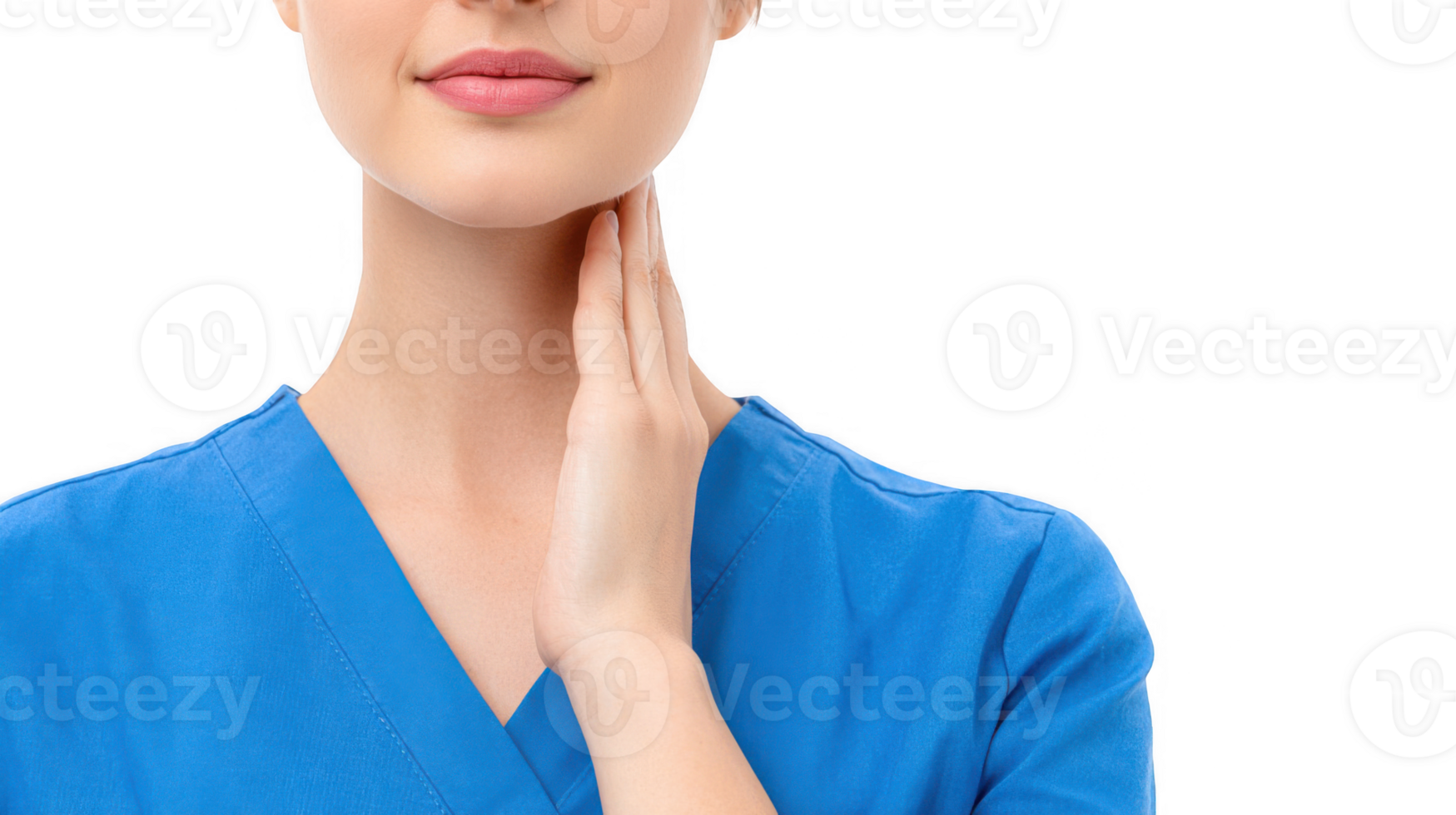 Nurse gently touching her neck on a transparent background png
