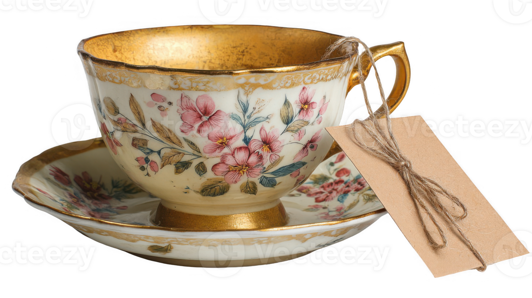 Vintage teacup with label on transparent background, showing elegance and tradition png