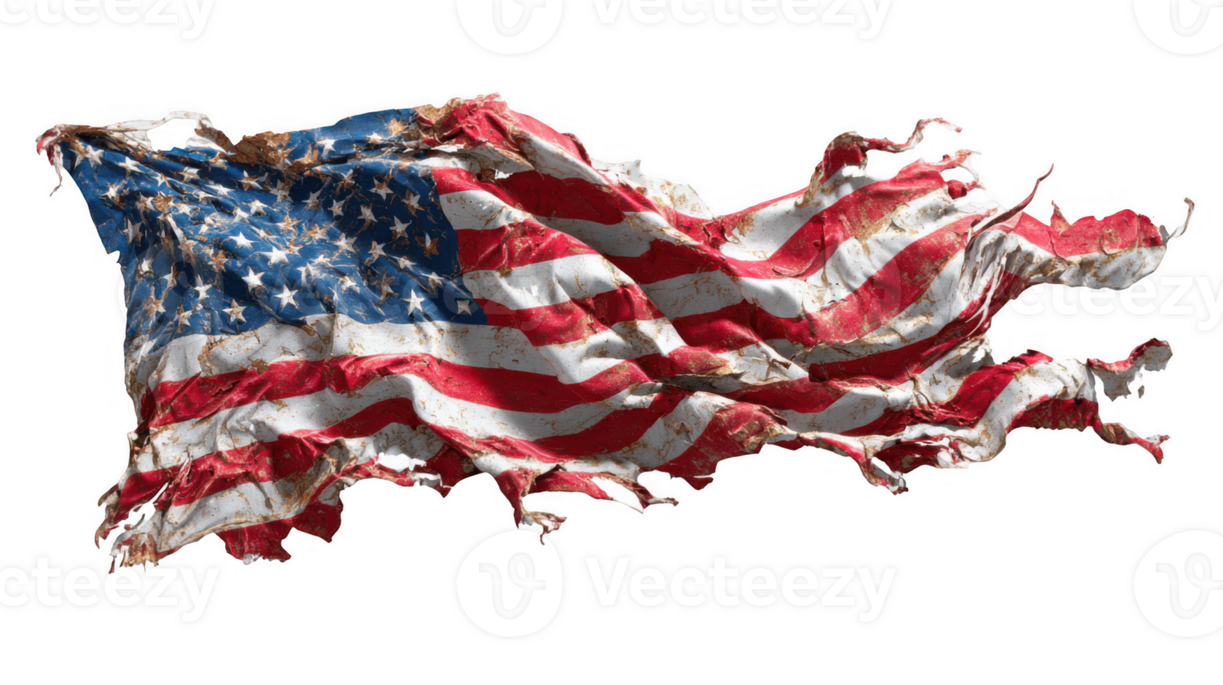 Tattered american flag waving on transparent background, symbol of resilience png