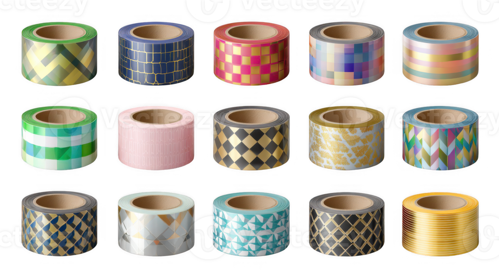 Set of fifteen rolls of colorful washi tapes with geometric patterns on transparent background png