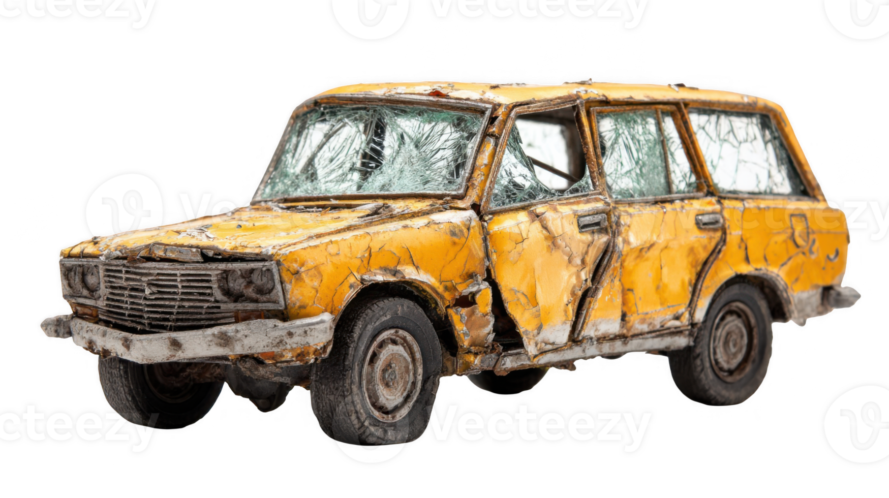 Weathered yellow car with smashed windows on transparent background png