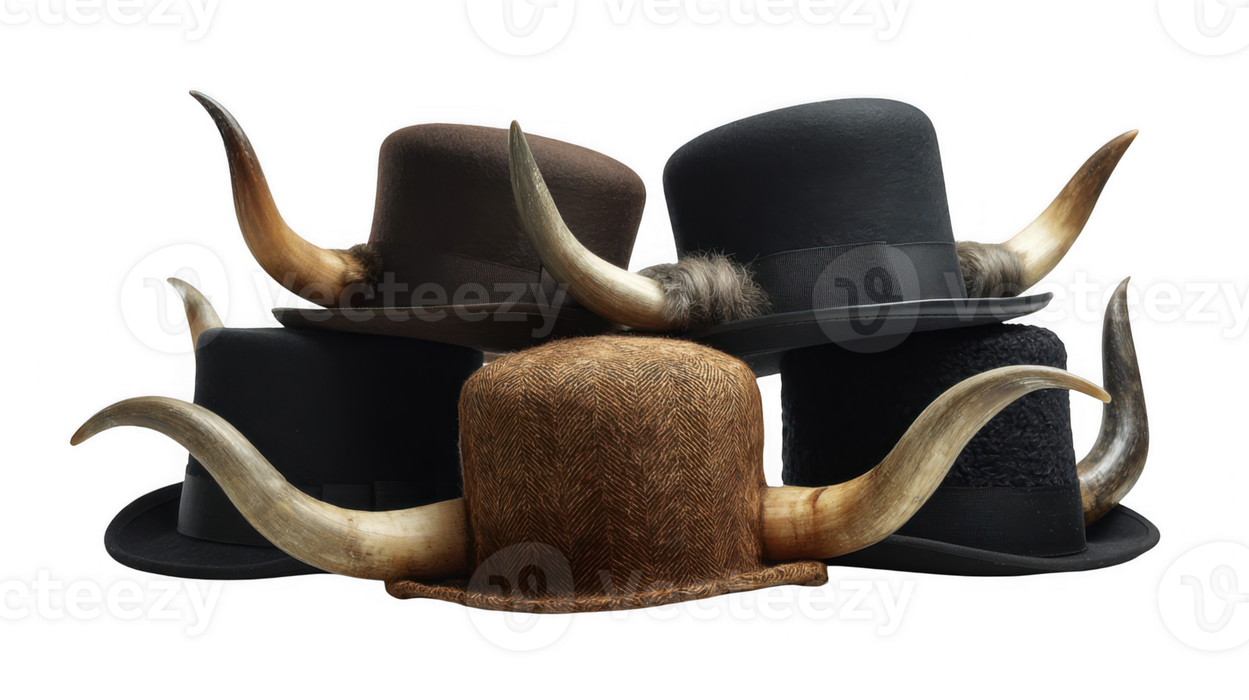 Horns resting on top hats on transparent background png