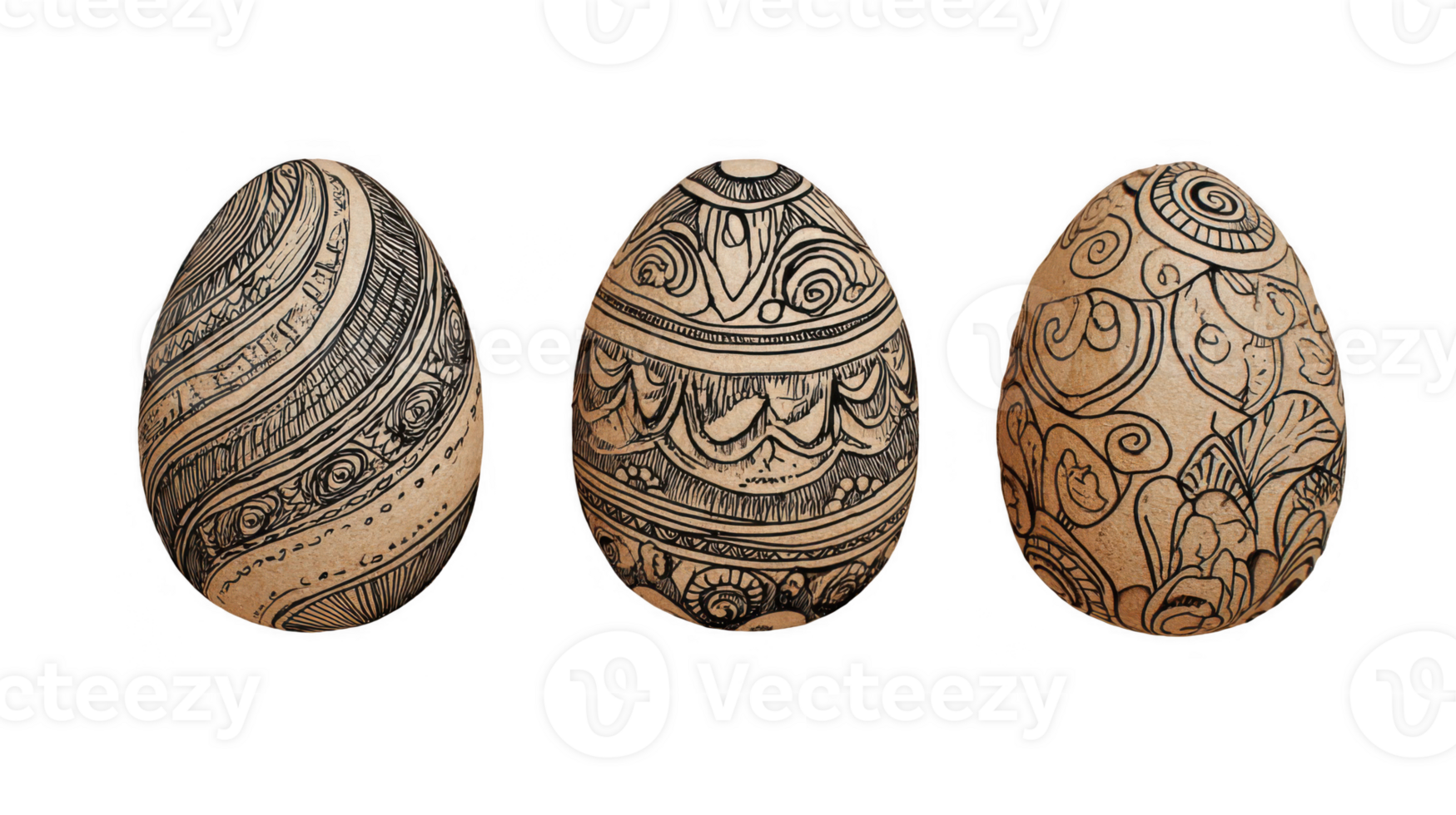 Three hand drawn easter eggs with decorative swirls and floral patterns on transparent background png