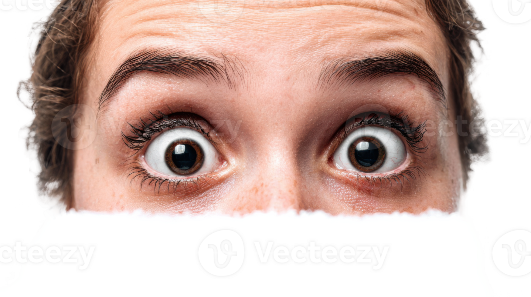 Woman hiding showing only wide open eyes expressing panic png
