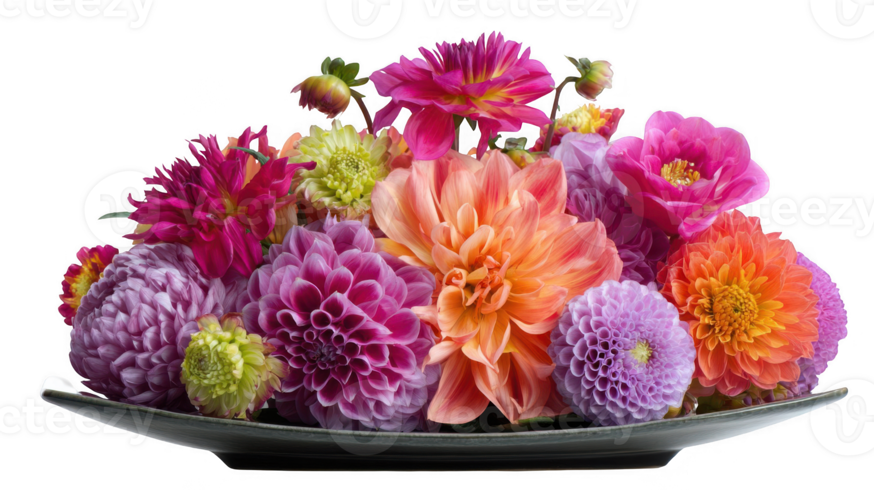 Colorful dahlias and ranunculus flowers resting in a dish on a transparent background png