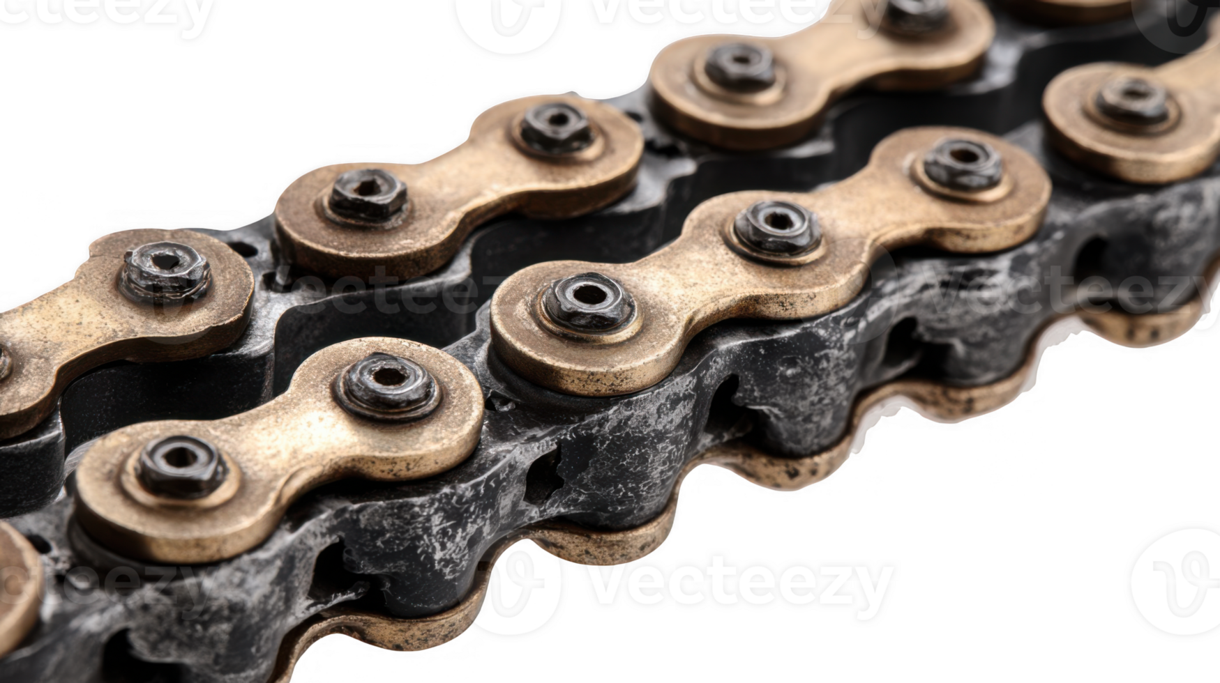 Shiny bicycle chain overlapping metal gear on transparent background png