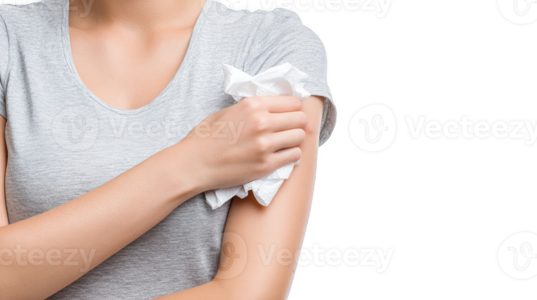 Woman holding gauze on arm after vaccine injection with transparent background png