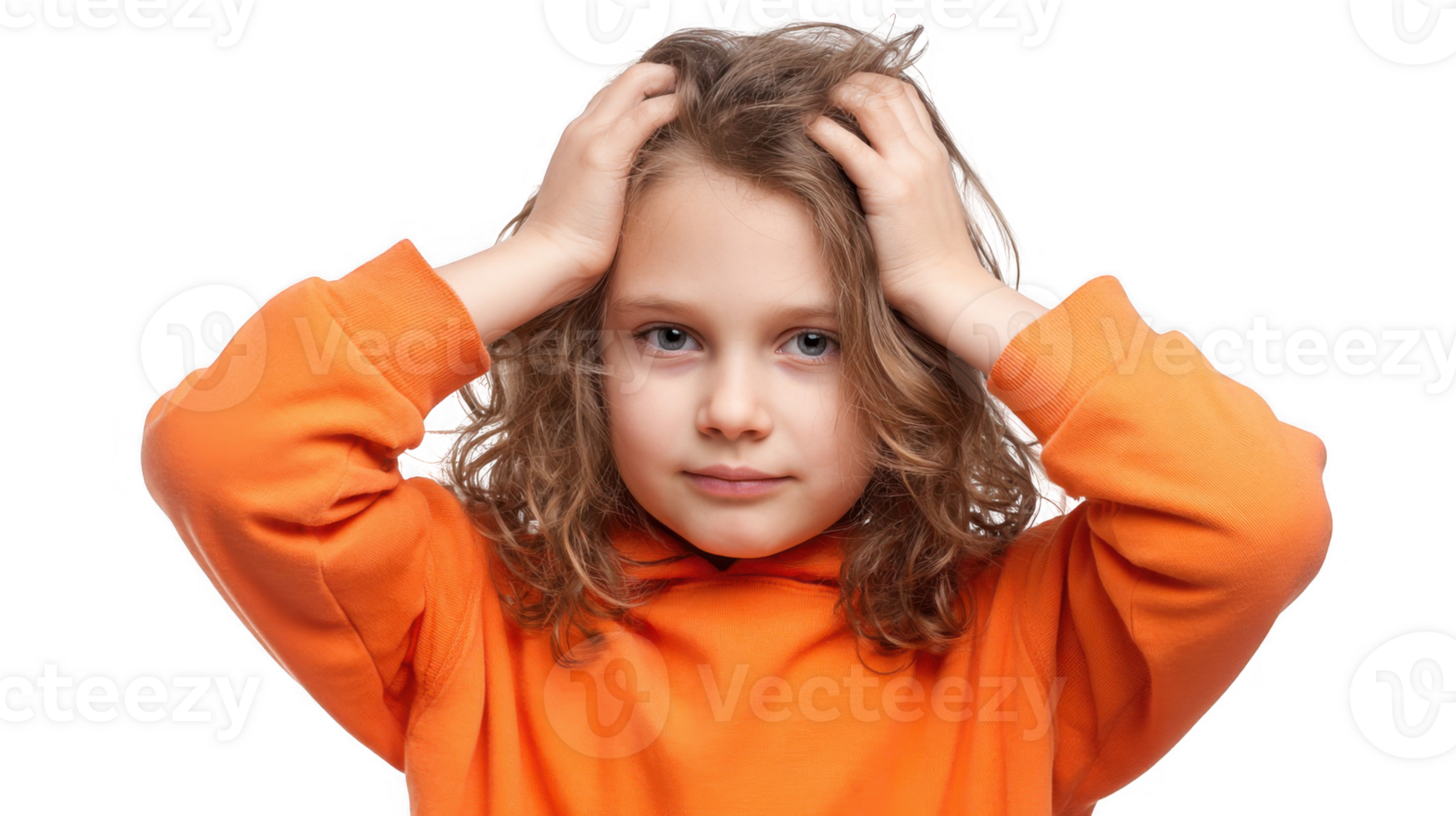 Confused child holding head and looking concerned with transparent background png