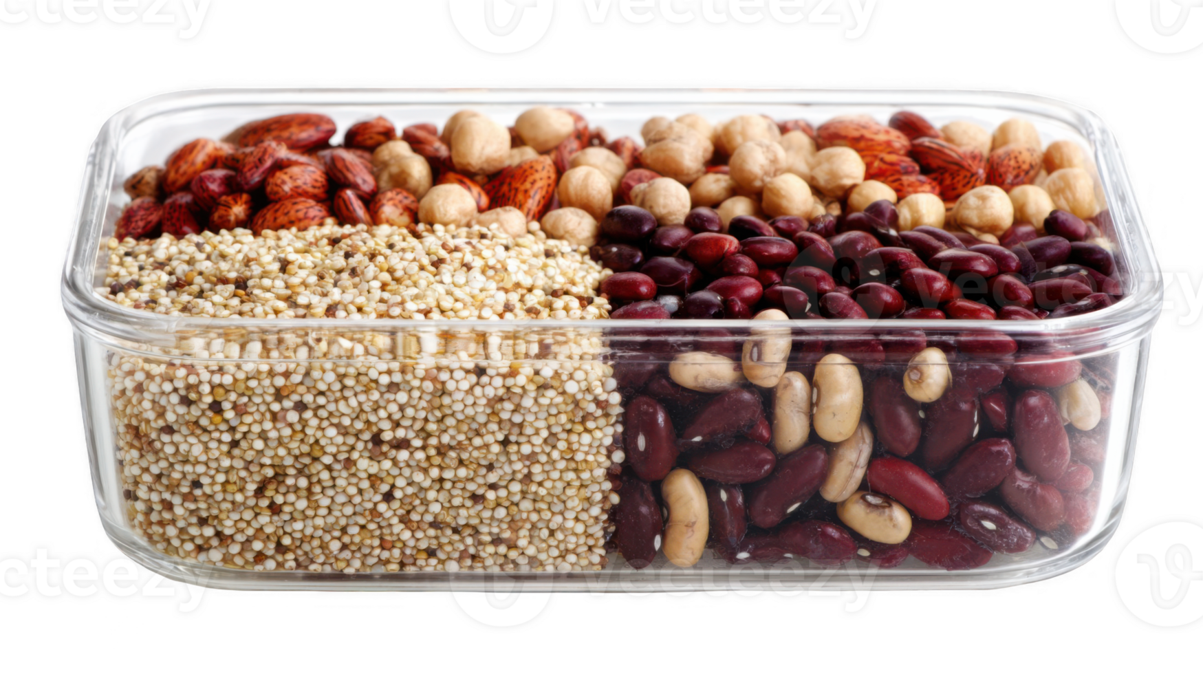 Glass compartment containing quinoa, beans, chickpeas, almonds, and peanuts on transparent background png